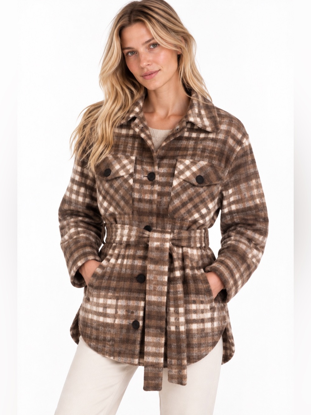 Elie Tahari Brown Cream Plaid Wool Blend Belted Shacket Size L NWOT